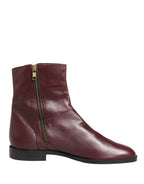 Maroon Leather Flats Biker Ankle Boots Shoes
