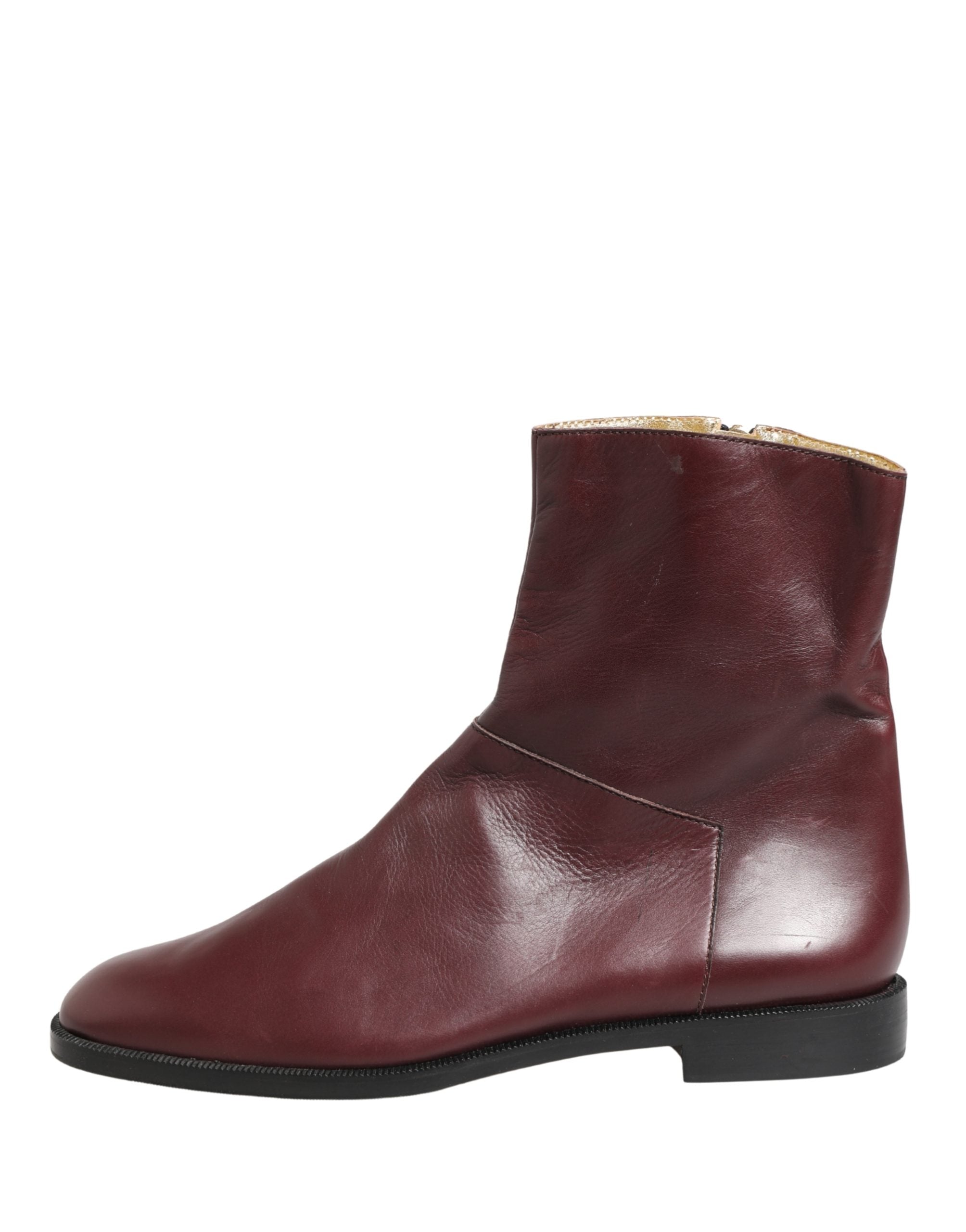 Maroon Leather Flats Biker Ankle Boots Shoes