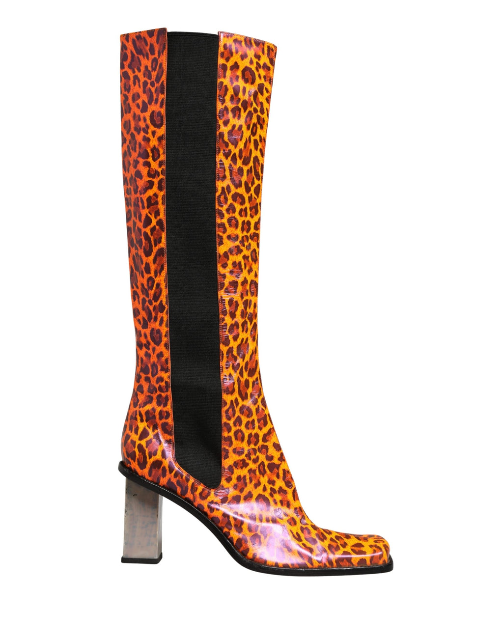 Brown Leopard Leather Knee High Boots Shoes