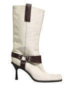 White Brown Fur Leather Mid Calf Boots Shoes