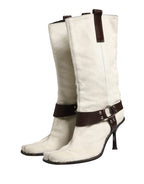 White Brown Fur Leather Mid Calf Boots Shoes