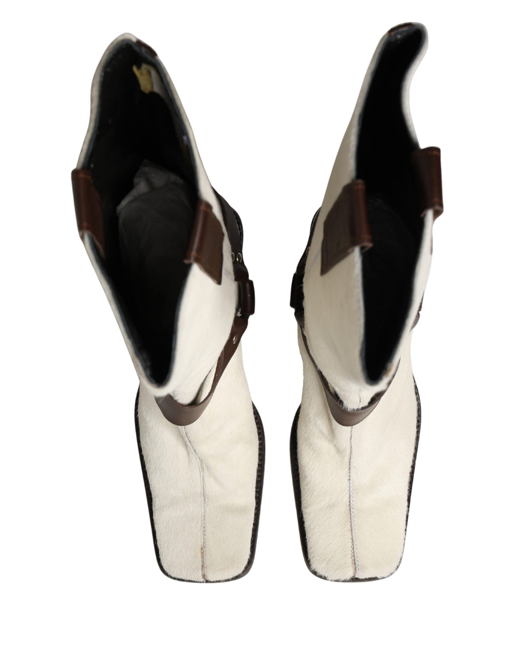 White Brown Fur Leather Mid Calf Boots Shoes