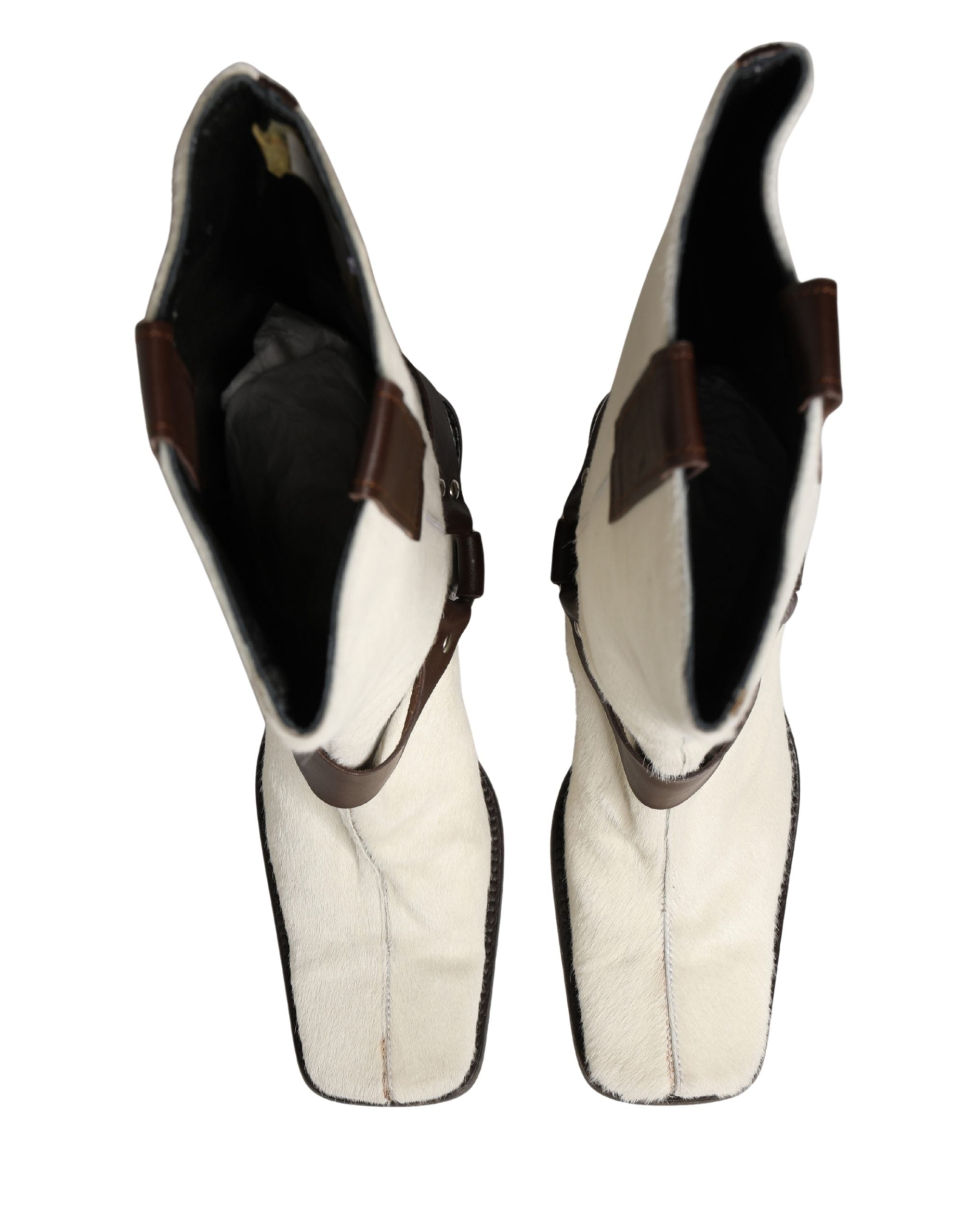 White Brown Fur Leather Mid Calf Boots Shoes