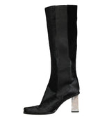 White Black Leather Knee High Boots Shoes