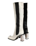 White Black Leather Knee High Boots Shoes