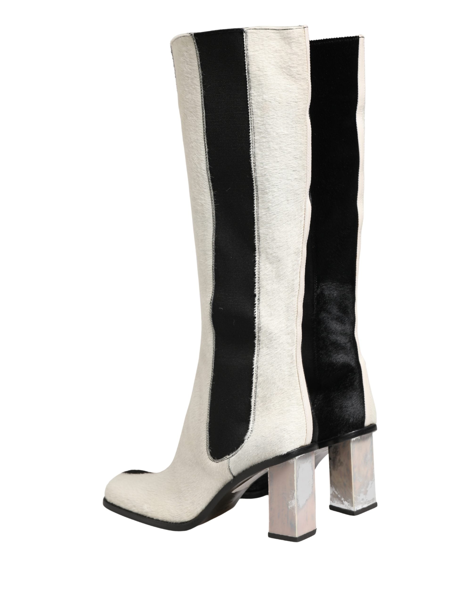 White Black Leather Knee High Boots Shoes