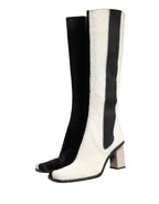 White Black Leather Knee High Boots Shoes