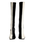 White Black Leather Knee High Boots Shoes