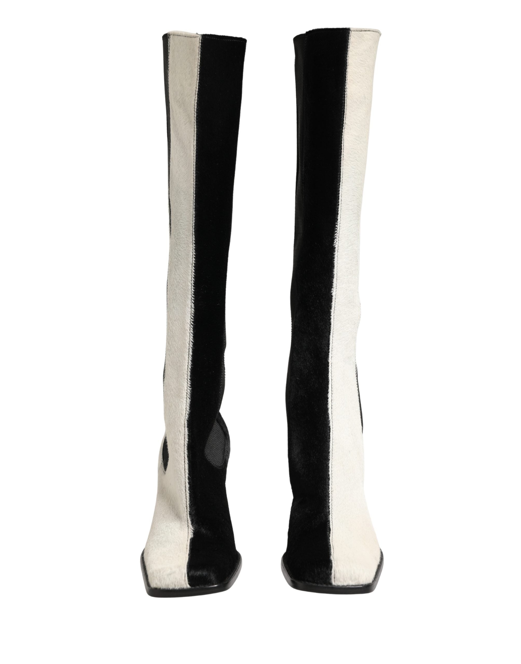 White Black Leather Knee High Boots Shoes