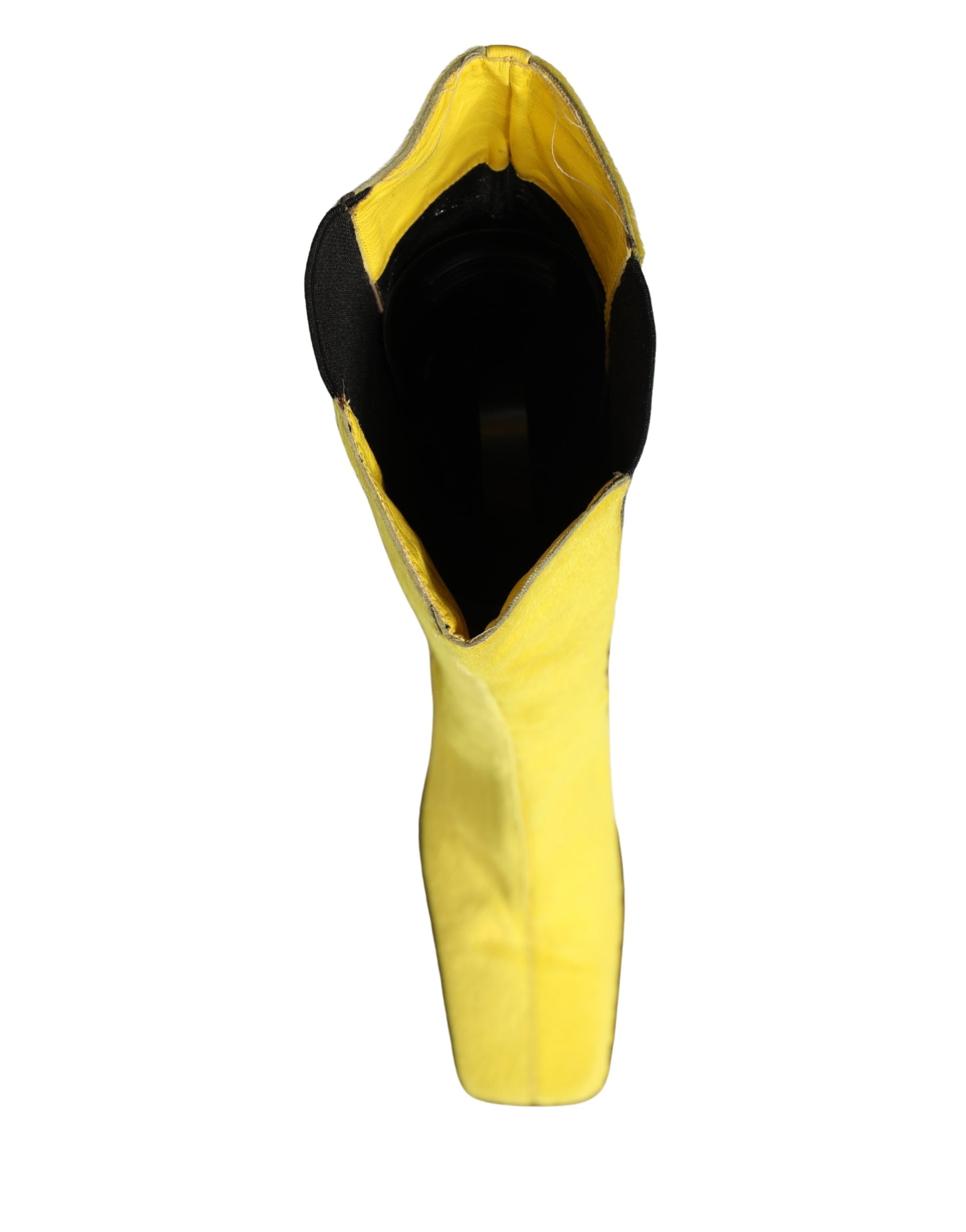 Yellow Black Leather Knee High Boots Shoes