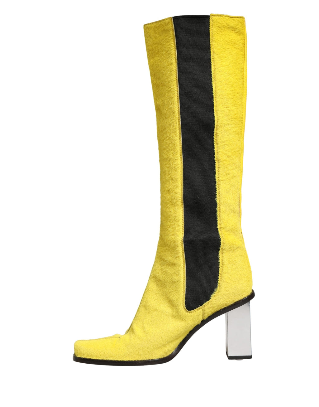 Yellow Black Leather Knee High Boots Shoes