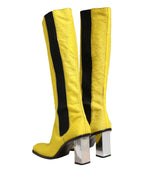 Yellow Black Leather Knee High Boots Shoes