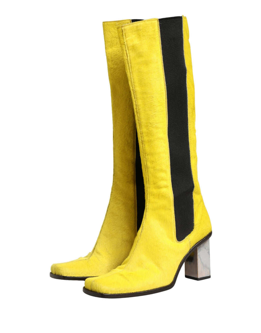 Yellow Black Leather Knee High Boots Shoes