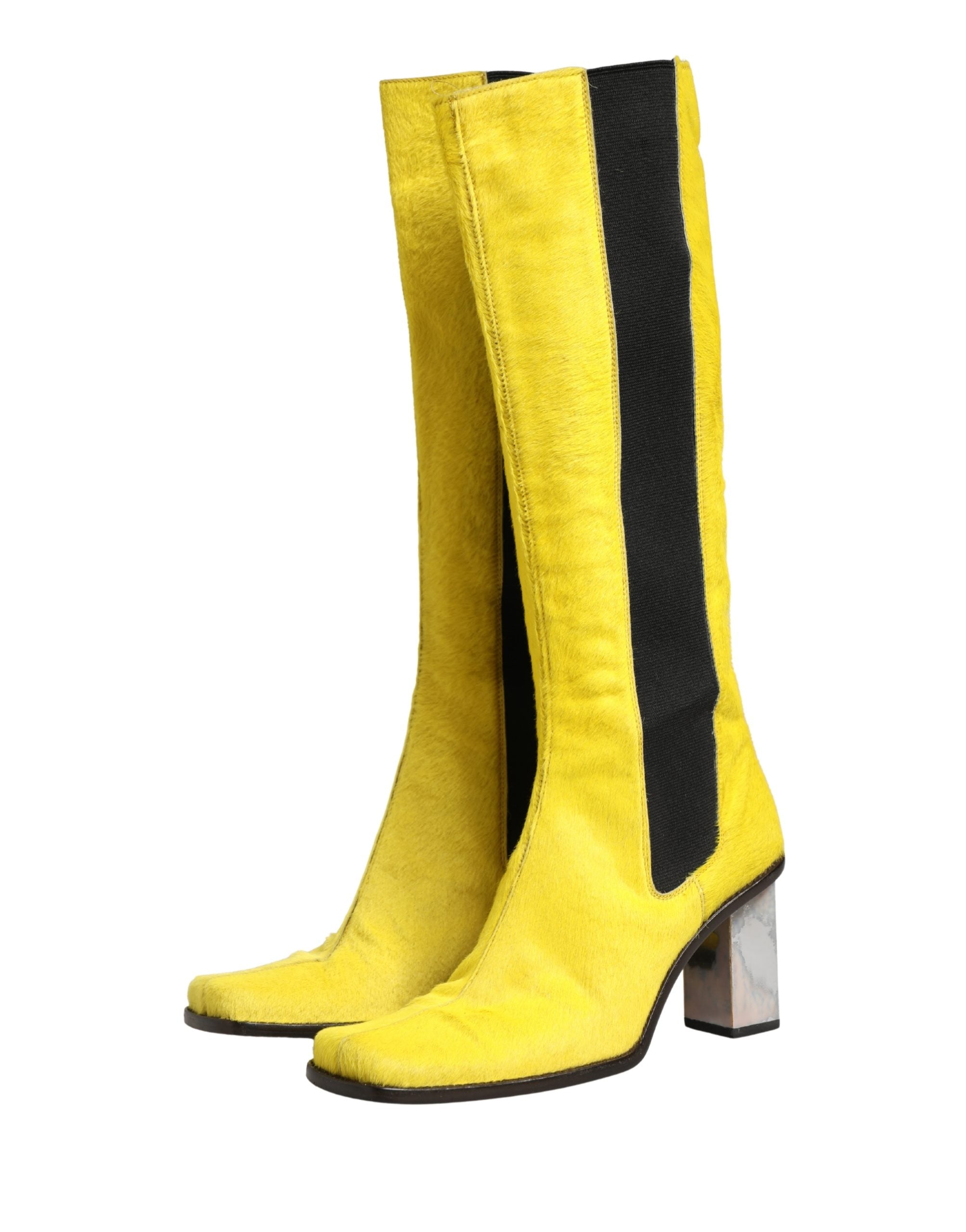Yellow Black Leather Knee High Boots Shoes