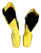 Yellow Black Leather Knee High Boots Shoes