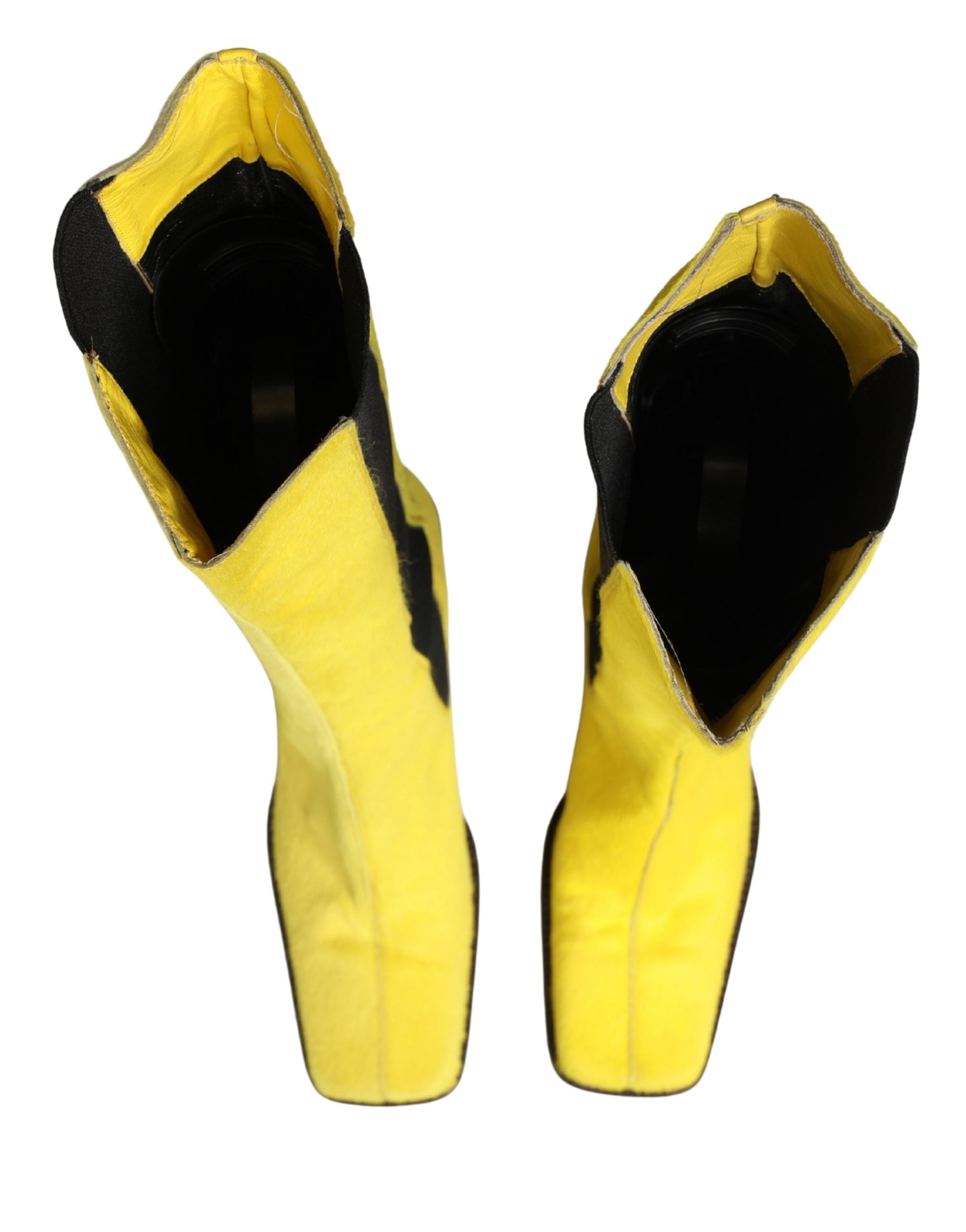 Yellow Black Leather Knee High Boots Shoes