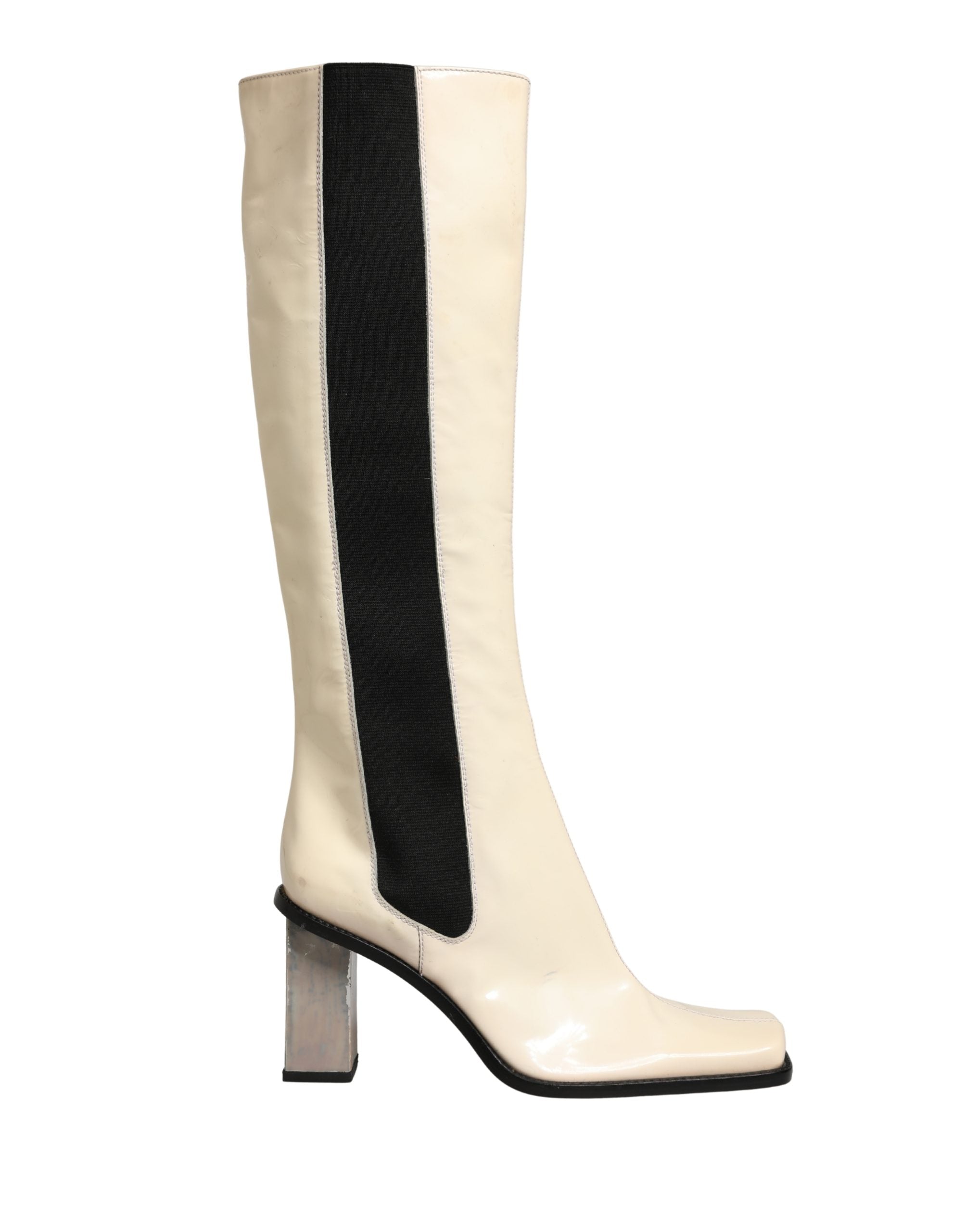 White Black Leather Knee High Boots Shoes