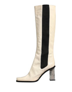 White Black Leather Knee High Boots Shoes