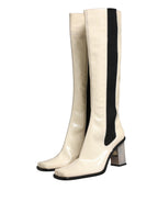 White Black Leather Knee High Boots Shoes