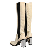 White Black Leather Knee High Boots Shoes