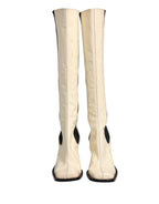 White Black Leather Knee High Boots Shoes