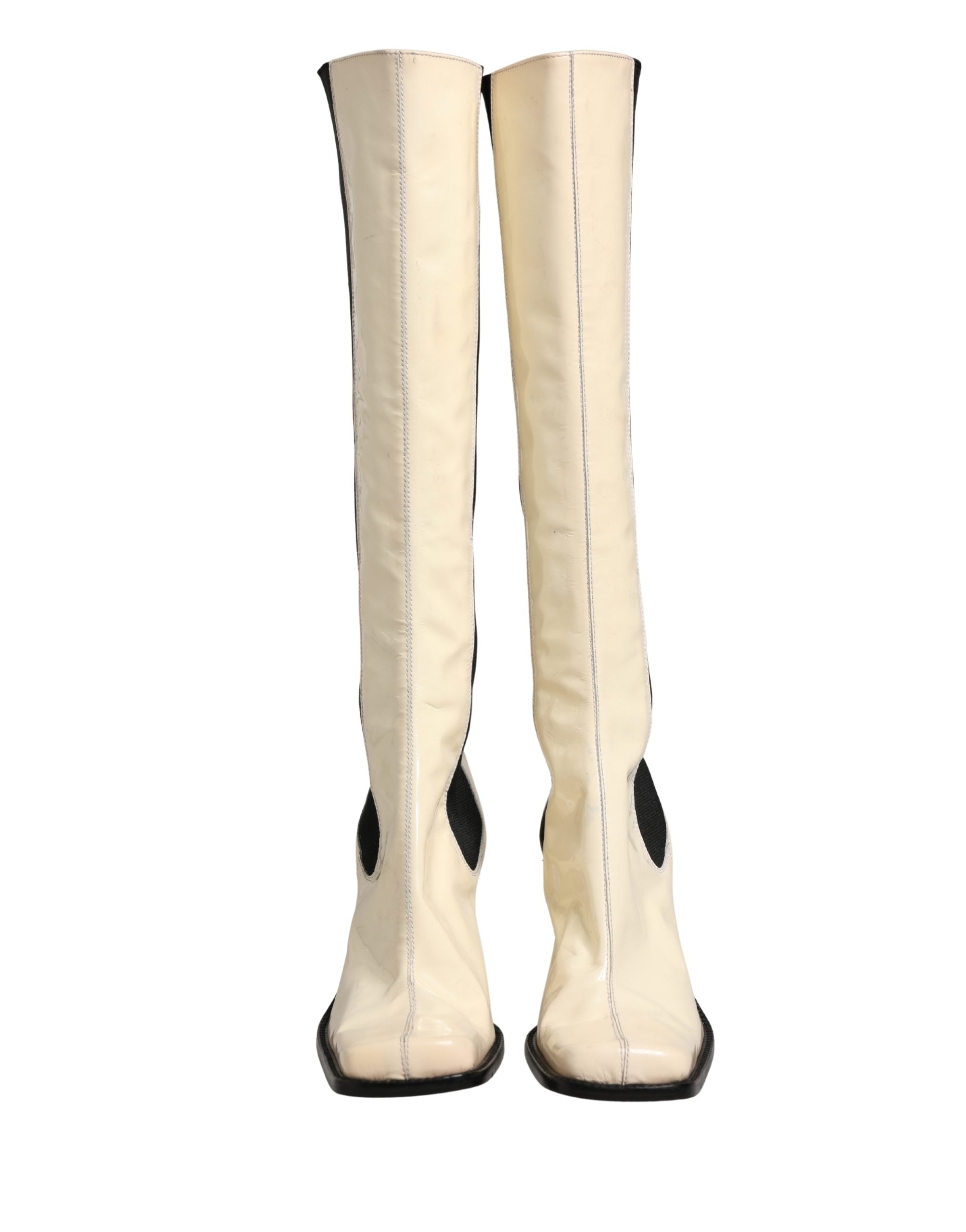 White Black Leather Knee High Boots Shoes