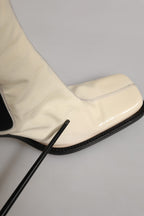 White Black Leather Knee High Boots Shoes