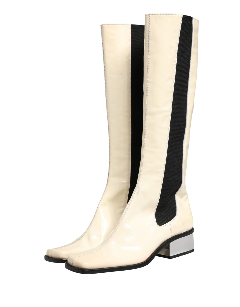 White Black Leather Knee High Boots Shoes