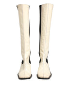 White Black Leather Knee High Boots Shoes