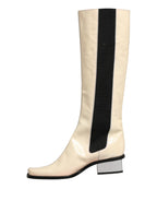 White Black Leather Knee High Boots Shoes