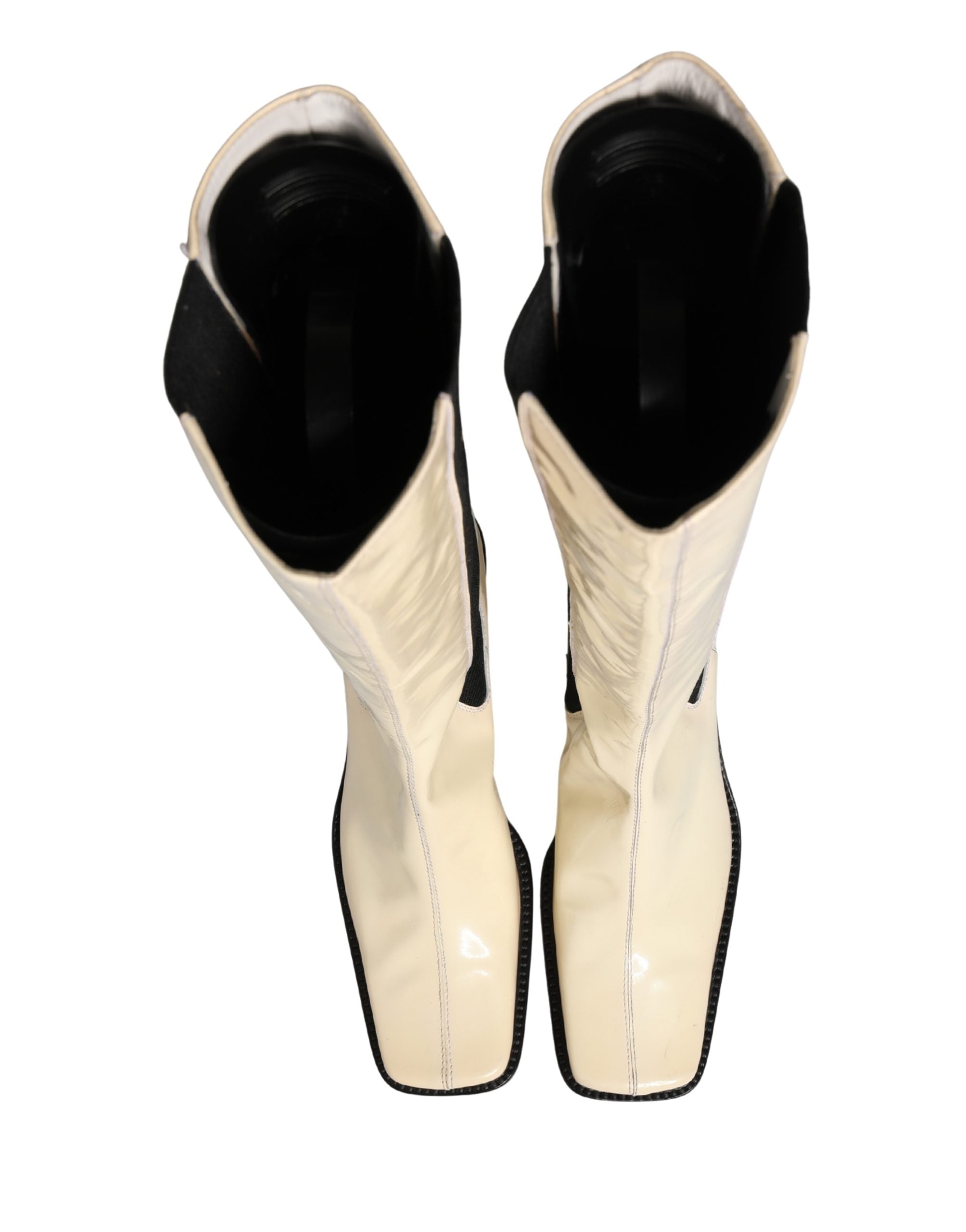 White Black Leather Knee High Boots Shoes