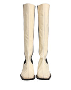 White Black Leather Knee High Boots Shoes