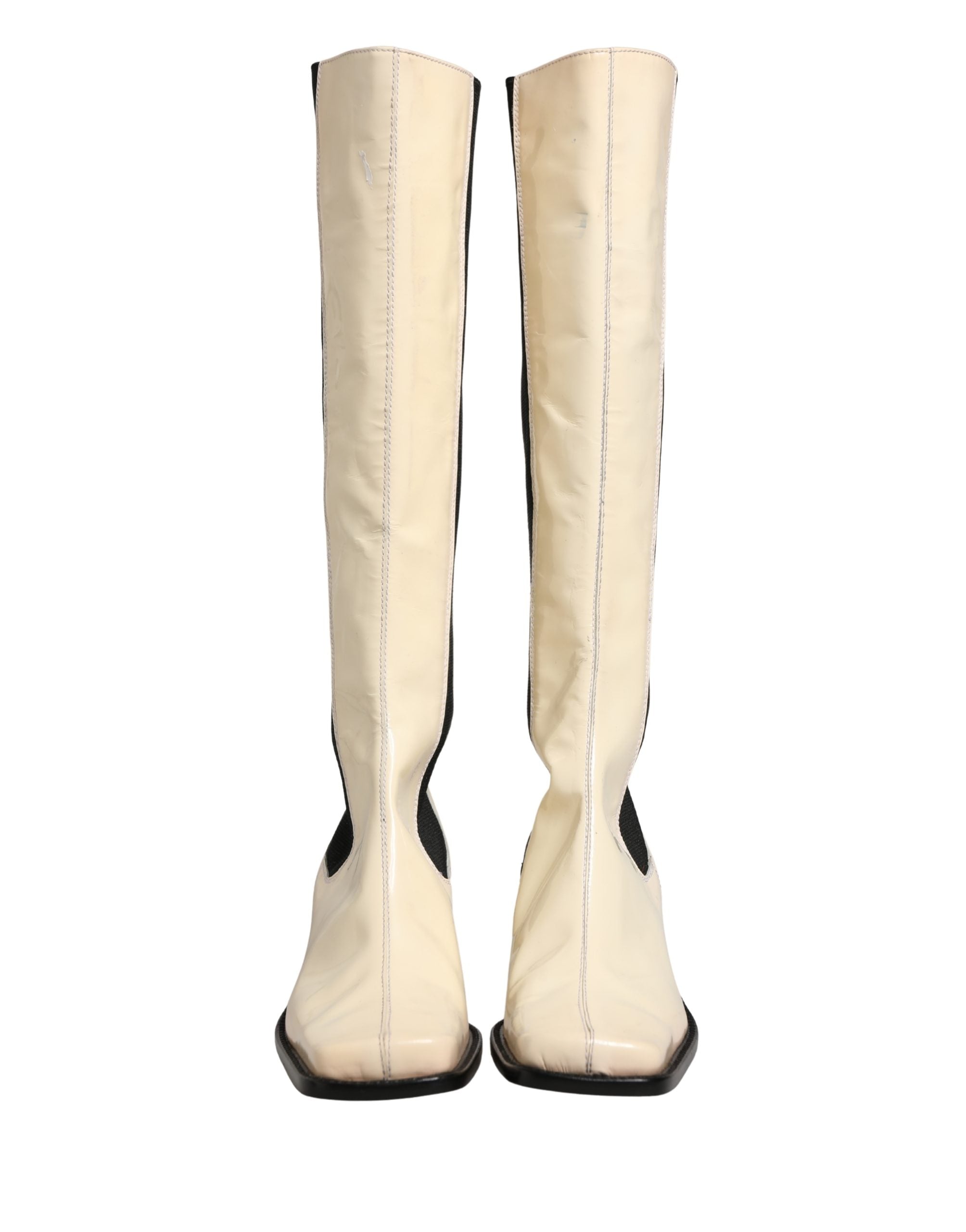 White Black Leather Knee High Boots Shoes