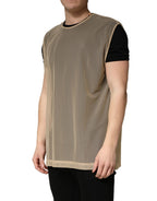 Beige Crew Neck Sleeveless Mesh Top  T-shirt