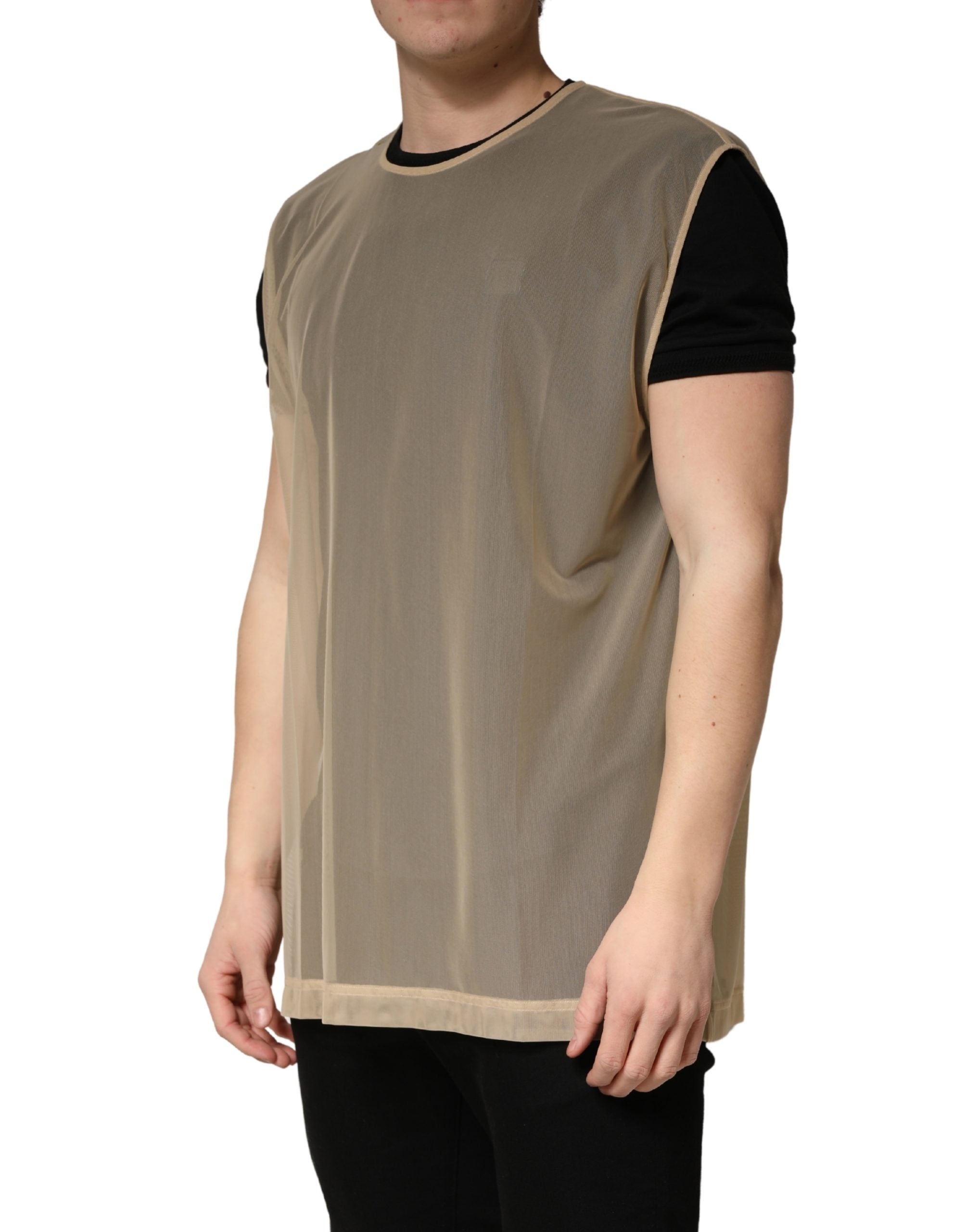 Beige Crew Neck Sleeveless Mesh Top  T-shirt