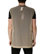 Beige Crew Neck Sleeveless Mesh Top  T-shirt