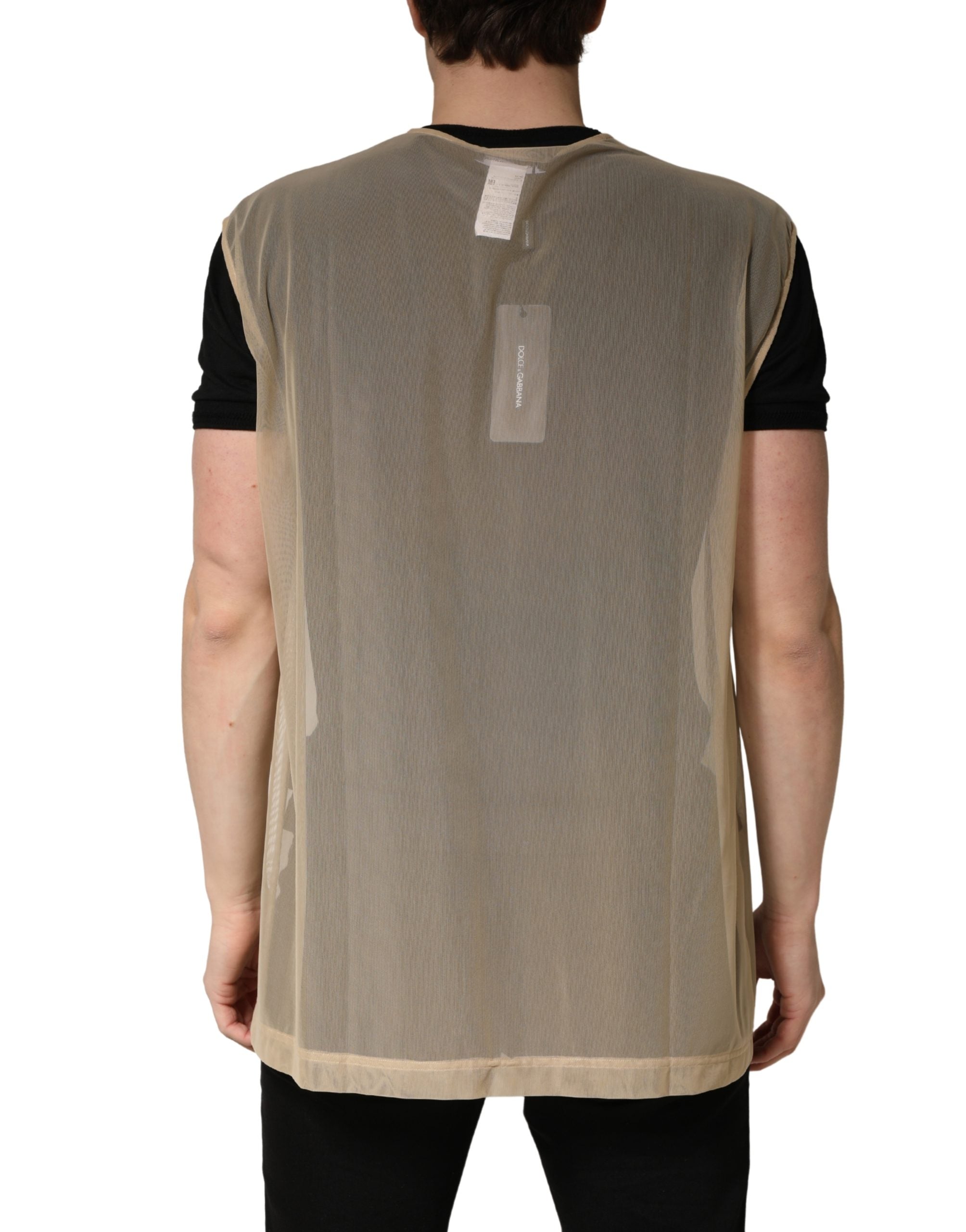 Beige Crew Neck Sleeveless Mesh Top  T-shirt