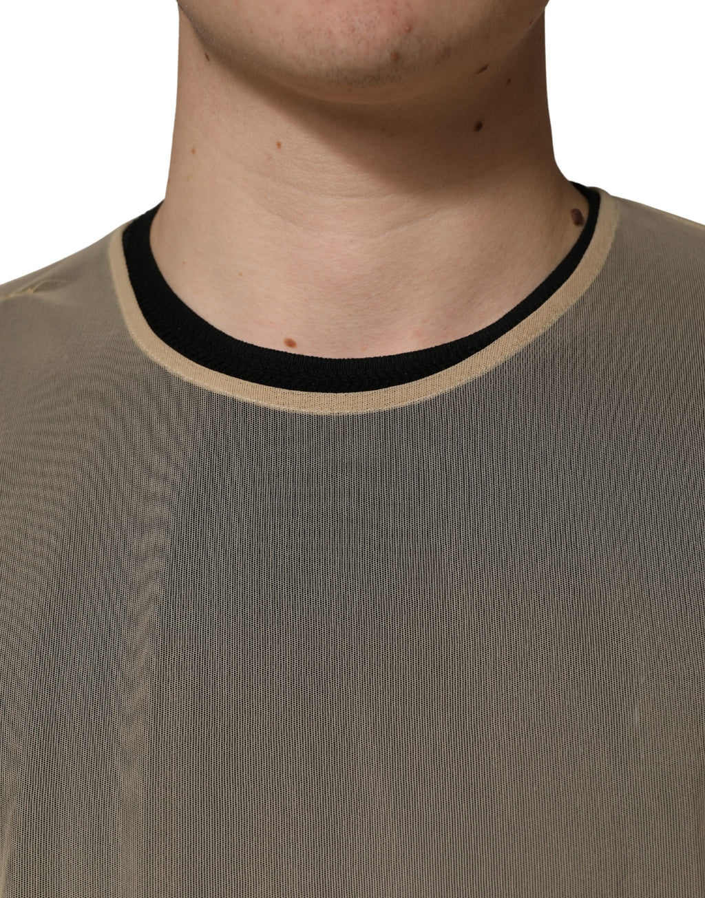 Beige Crew Neck Sleeveless Mesh Top  T-shirt