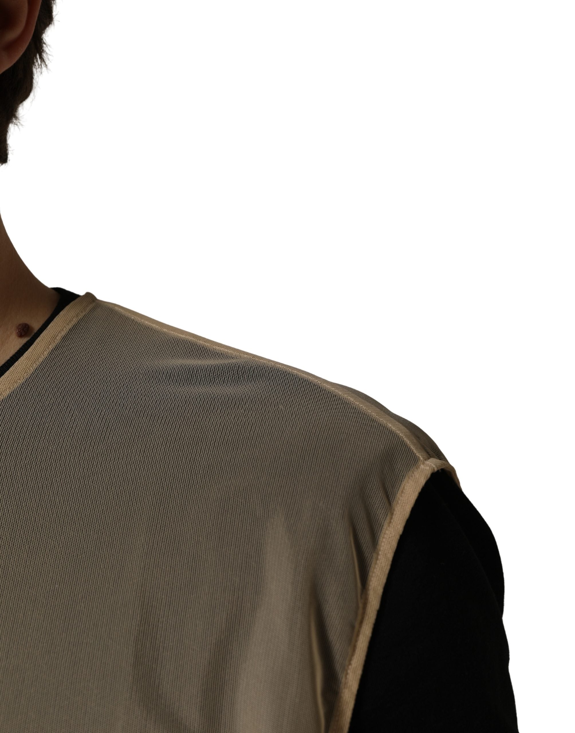 Beige Crew Neck Sleeveless Mesh Top  T-shirt