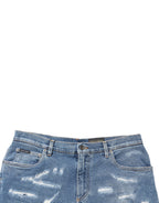 Blue Cotton Distressed Denim Bermuda Shorts