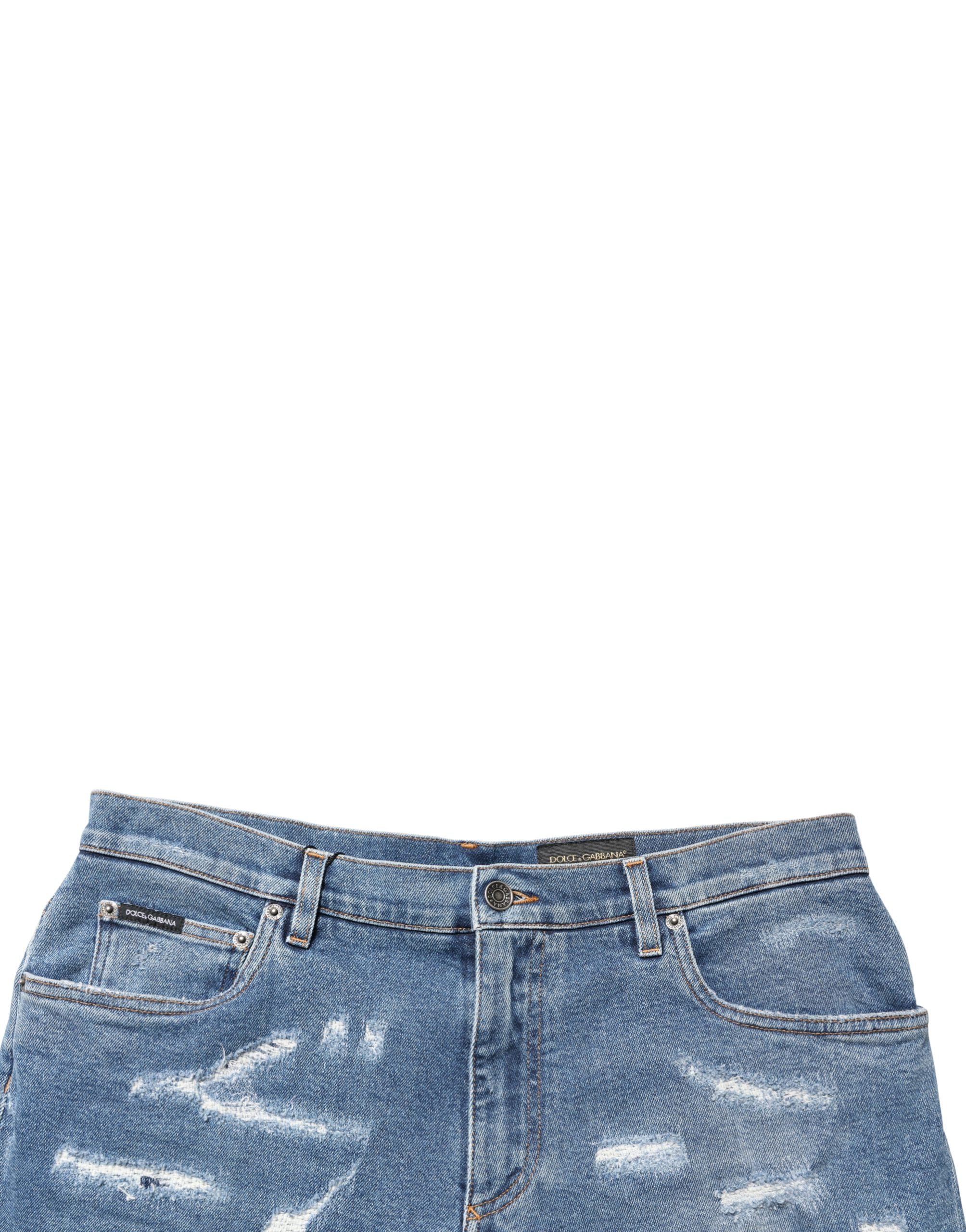 Blue Cotton Distressed Denim Bermuda Shorts