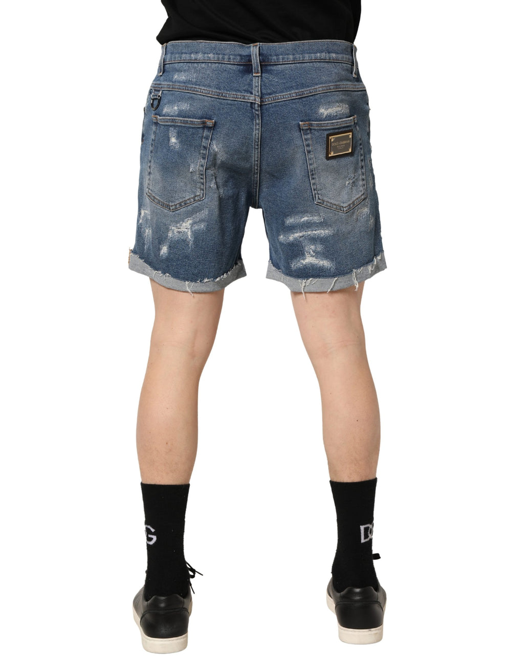 Blue Cotton Distressed Denim Bermuda Shorts
