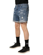 Blue Cotton Distressed Denim Bermuda Shorts