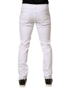 White Cotton Tattered Men Slim Fit Denim Jeans