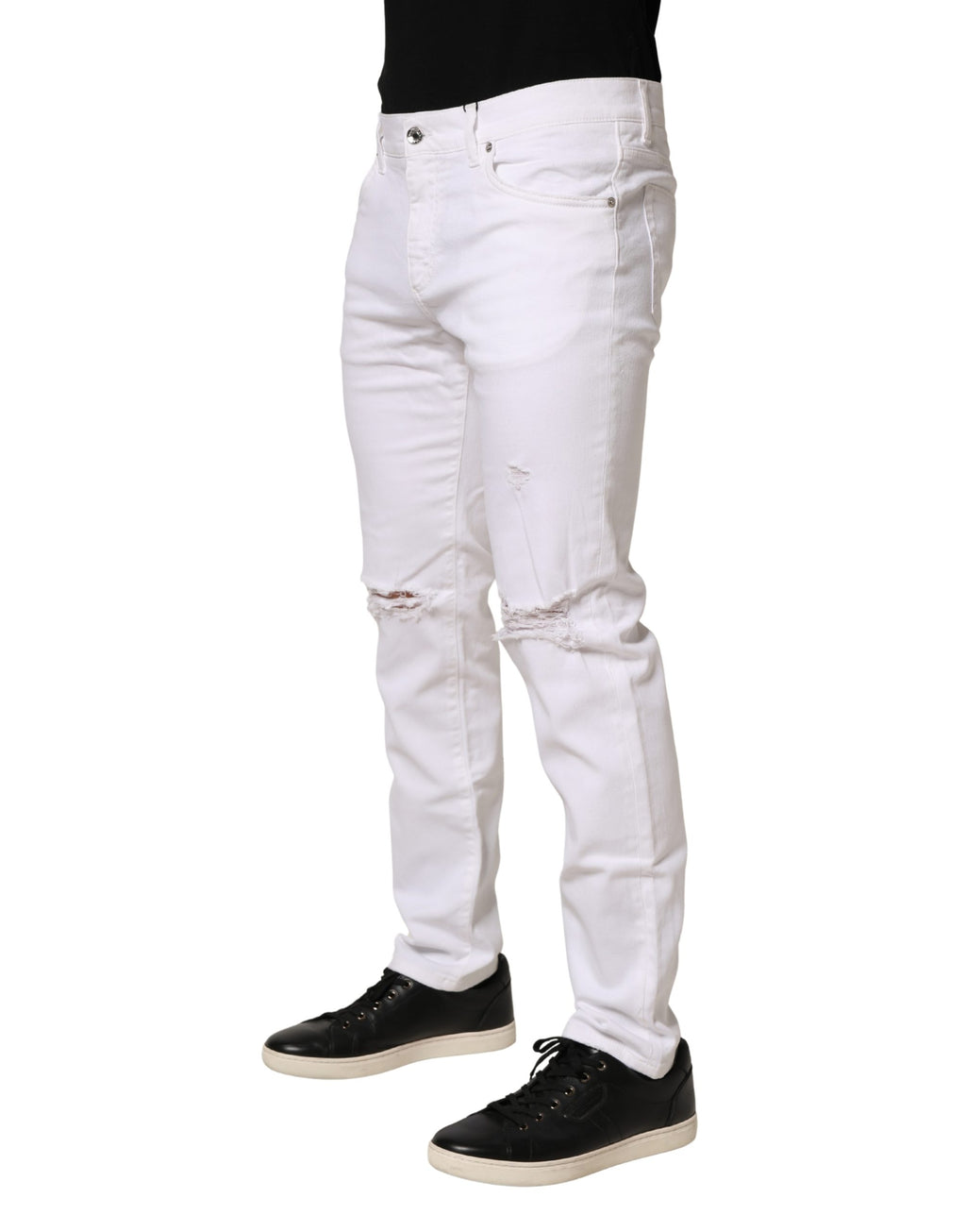 White Cotton Tattered Men Slim Fit Denim Jeans