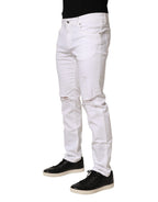 White Cotton Tattered Men Slim Fit Denim Jeans