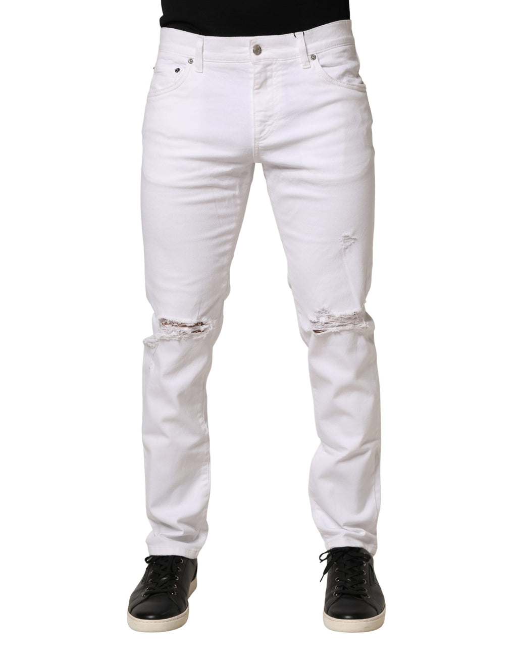 White Cotton Tattered Men Slim Fit Denim Jeans