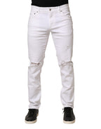 White Cotton Tattered Men Slim Fit Denim Jeans