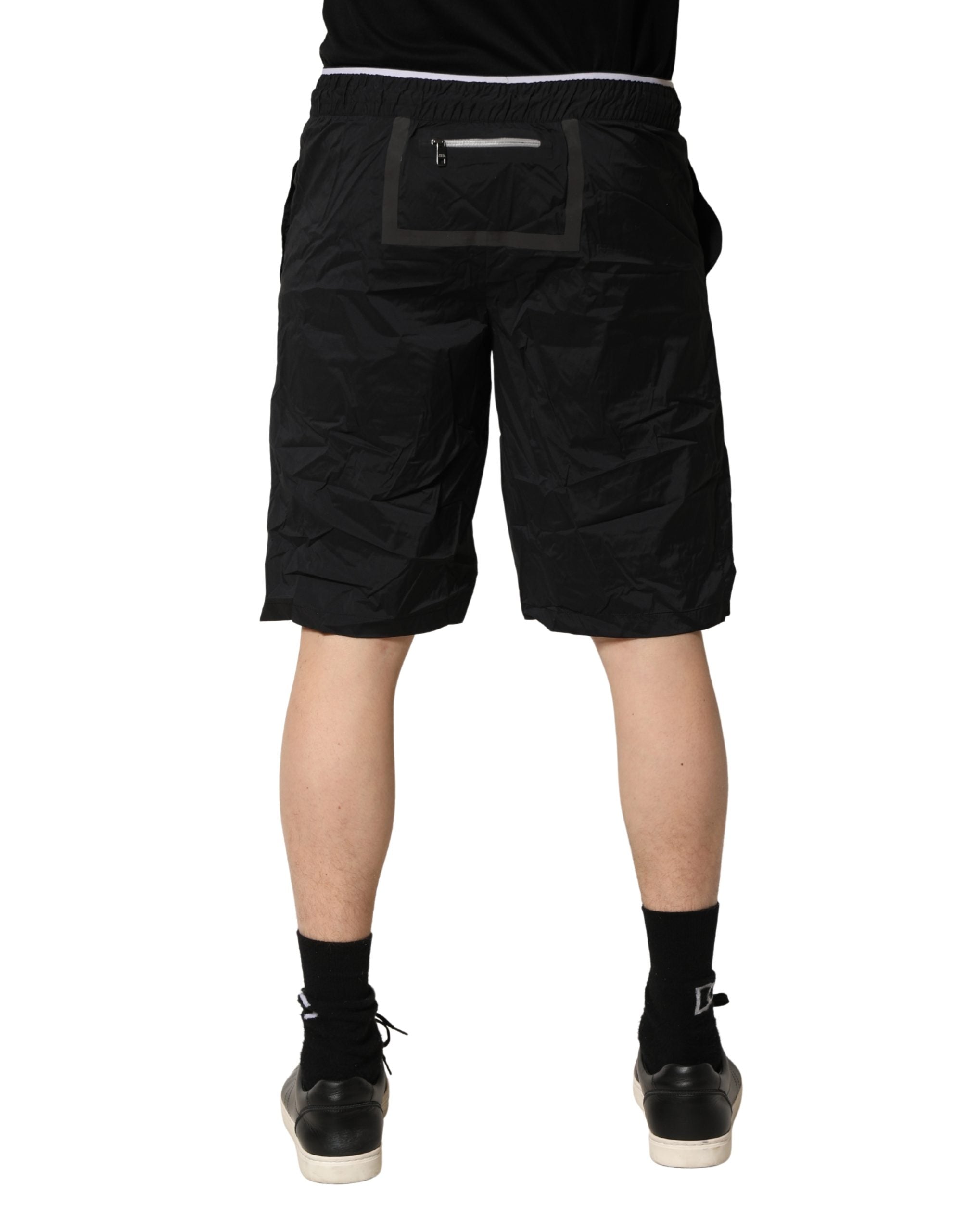 Black Nylon Elastic Waist Swim Shorts Swimwear