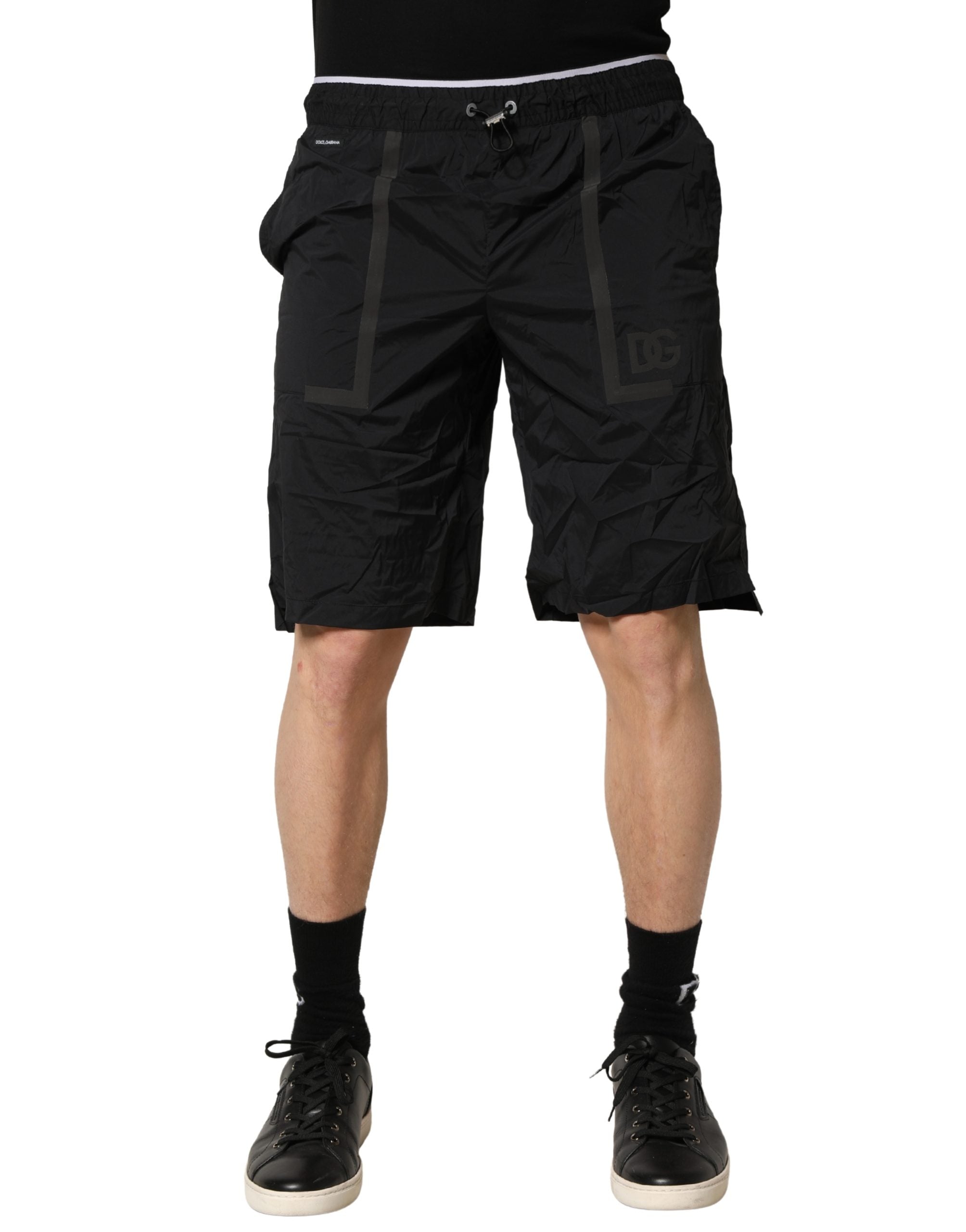 Black Nylon Elastic Waist Swim Shorts Swimwear